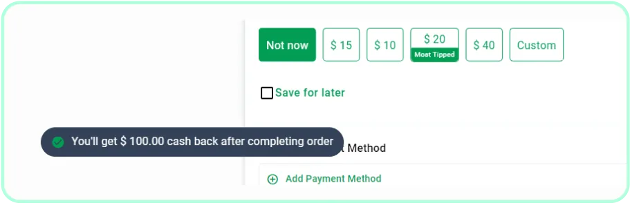 Cashback back after completing order feature