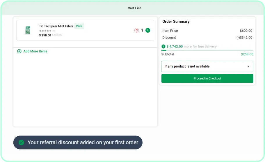 confirming the applied referral discount on their order summary