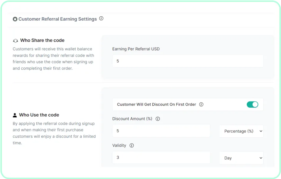 Customer referral earnings settings 